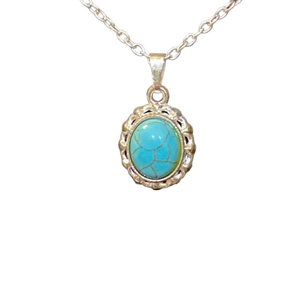 Silvertone Delicate 18" Chain Necklace with Faux Turquoise Pendant
